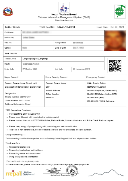 1:Trekkers’ Information Management System/TIMS card